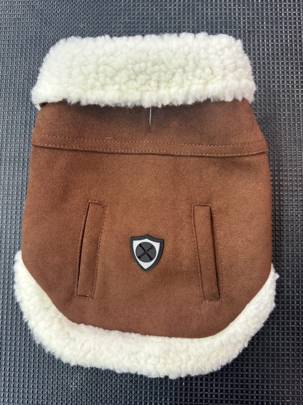 Brown Sherpa-Trim Dog Coat with Shield Accent